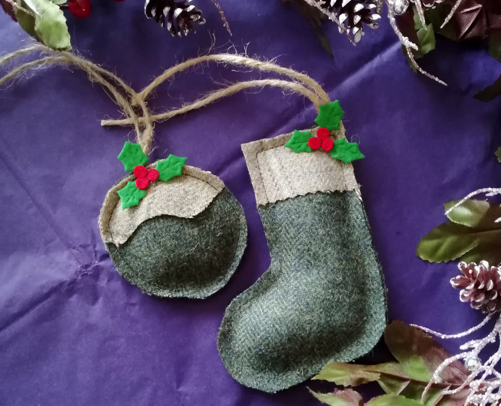 Tweed Christmas Decoration-  Green Herringbone