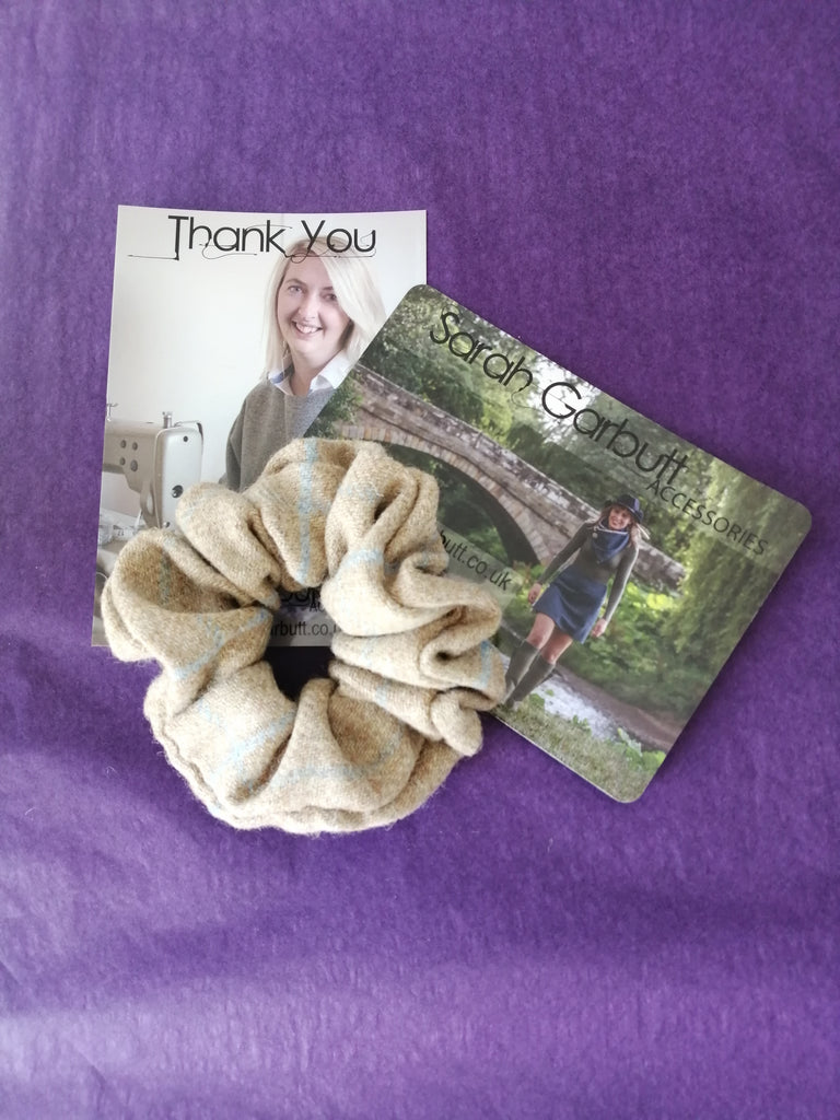 Hair Scrunchie- Natural & Blue Check Tweed