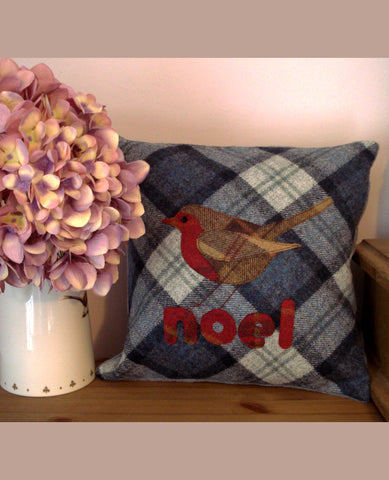 Festive Robin Tweed Cushion- Blueberry