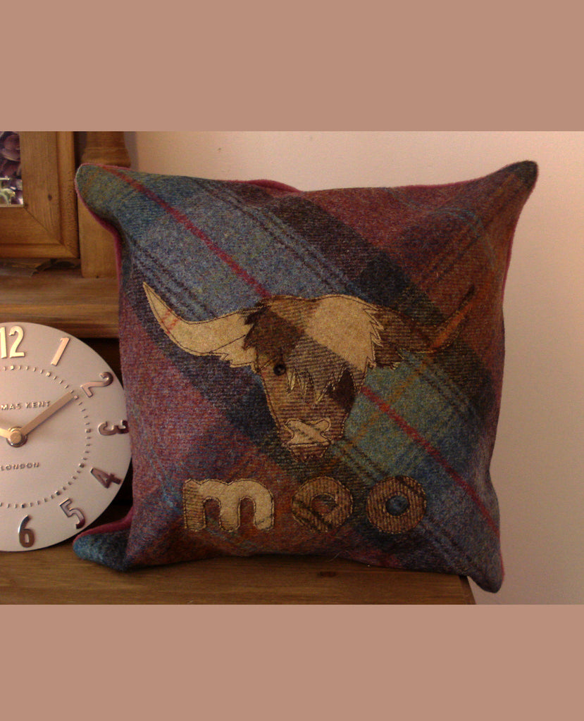 Highland Moo Cow Tweed Cushion- Mole