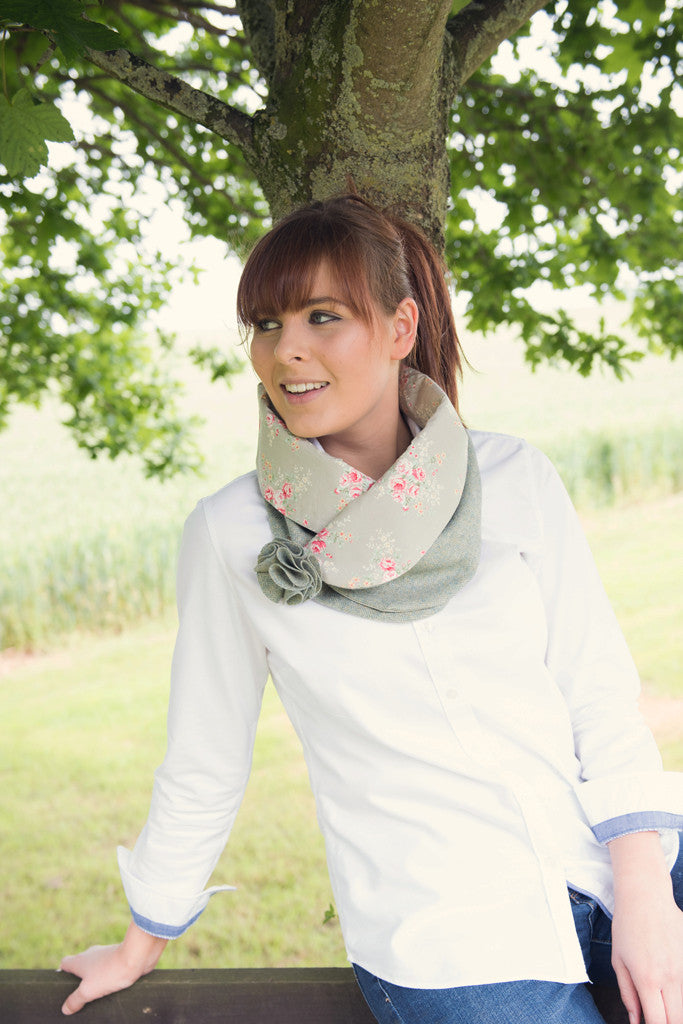 Floral Snood- Green Herringbone large floral print