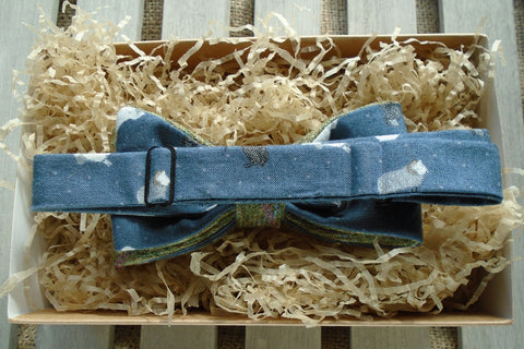 Bow Tie -Lichen Tweed with Blue Sheep Print